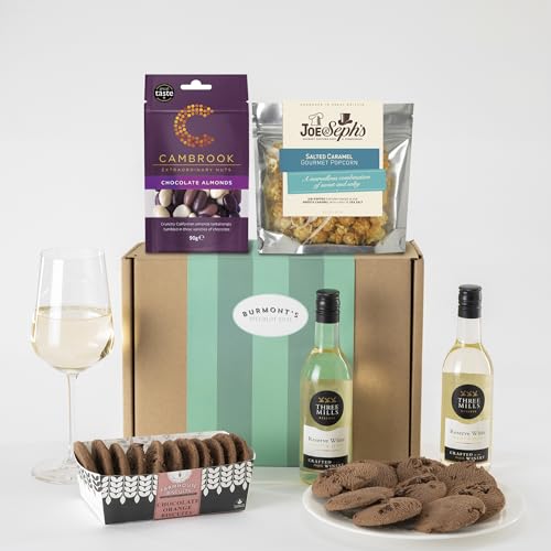 Burmonts White Wine & Chocolate Gift Hamper - Two Small White Wines Joe & Sephs Popcorn Cambrook Chocolate Almonds & Premium Chocolate Chip Biscuits - Hamper Exclusive To Burmonts