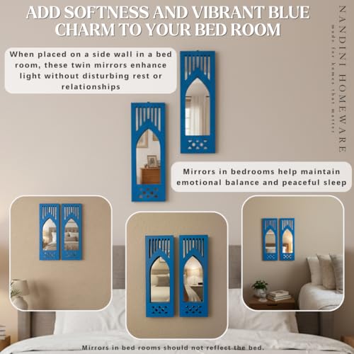 Image of Nandini Handcrafted Traditional Set of 2 MDF Wooden Mirror Jharokha Wall Art | Blue Modern Boho Style Decorative Mirror Wall Hangings (Blue Modern Set of 2)