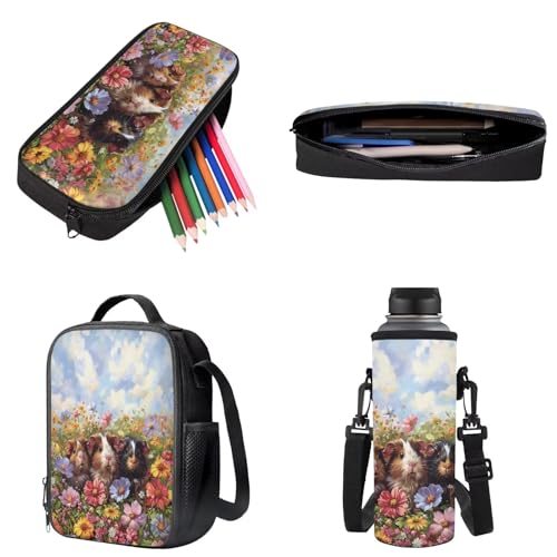 Guinea Pig Daisy Flower Print School Backpack Set, 4pcs Kids Bookbag with Lunch Box Pencil Case and Water Bottle Holder, Lightweight Schoolbag for Elementary School Students3