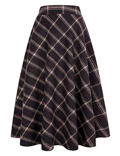 IDEALSANXUN Womens Plaid Wool Skirts Elastic Waist A-Line Pleated Tartan Midi Skirts (Large, Coffee 8917)