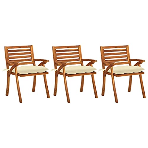 Teenpull Lot de 3 chaises de jardin avec coussin, bois massif d'acacia, blanc crème, 59 x 59 x 87 cm, chaises d'extérieur robustes pour terrasse et jardin