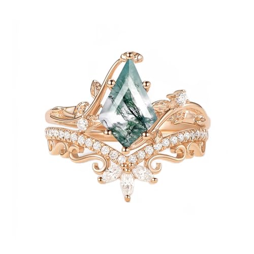 14K Natural Moss Agate Ring Set for Women 10K/14K/18K Solid Gold Kite Cut Moss Agate Engagement Ring Set Moss Agate Ring Set Wedding Bands for Mother’s Day Women Ladies Her3