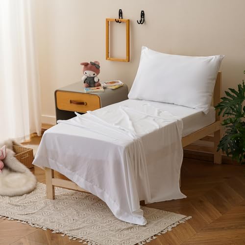 Image of Luxlovery Toddler Comforter Set White Solid Boys Girls Kids Boho Bedding Set Bed Set for Dorm 4 Pieces (1 Comforter, 1 Flat Sheet, 1 Fitted Sheet, 1 Pillowcase)