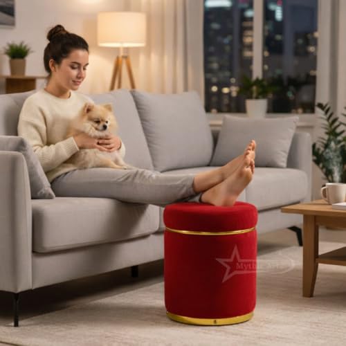Image of Ottoman Stool for the Living Room Ottoman Pouffes for Sitting, Puffy Stool for Living Room Dressing Table Stool RED