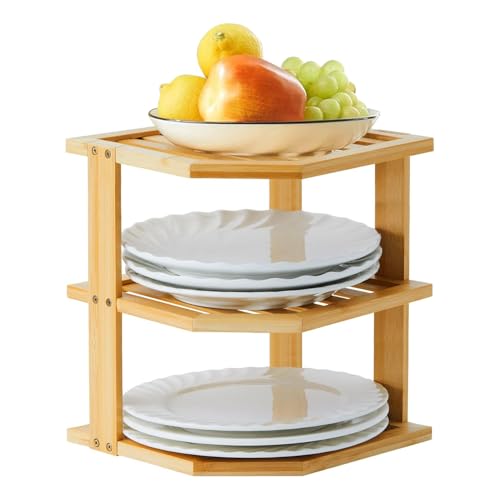 Bamboo Corner Shelf, 3-Tier Countertop Storage Shelf for Kitchen and Bathroom, Cabinet Plate Rack Kitchen Storage Organizer,Compact Corner Shelf Organizer for Cabinets