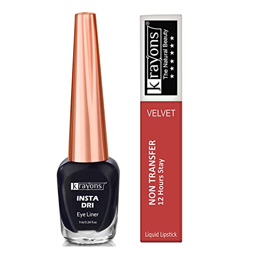Image of Krayons Insta Dri Sparkling Eyeliner,7ml And Power Stay Nontransfer 12hrs Stay Matte Liquid Lipstick (BLACK EYELINER & BURNT ORANGE LIPSTICK, Pack of 2)