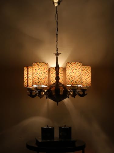 Image of Devansh 05 Lights Printed Round Cotton Shade with Antique Golden Chandelier -F