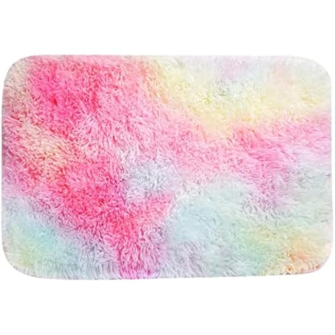 ConCus-T Rainbow Bath Mat Rainbow Rug for Girls Bedroom Shag Faux Fur Colorful Fluffy Rainbow Rug Tie-Dye Mat for Tub Living Room, 40 X 60cm Cover
