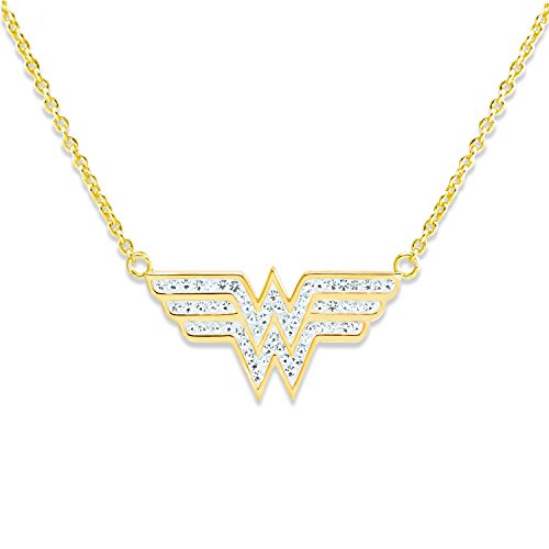 DC Comics Wonder Woman Jewelry for Women, Yellow Flash Plated Crystal Logo Pendant Necklace, 18
