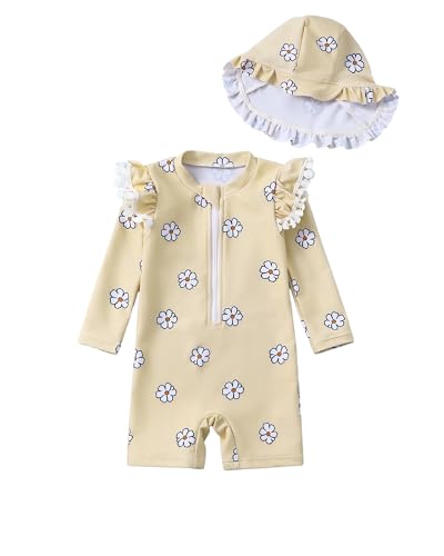 Image of Toddler Girl Swimsuit Baby Girl Bathing Suit Long Sleeve Floral Zipper One-Piece Rash Guard Swimsuit with Hat