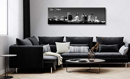 Image of DJSYLIFE Black and White New Orlean City Skyline Canvas Wall Art | 13.8 inchX47.3 inch Panoramic Cityscape Print, Ready to Hang for Bedroom, Office, Living Room Decoration