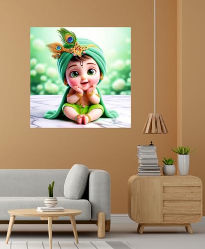 Image of Baby Green Krishna Feather Wall Poster for Pooja Room, Office, Kids Room (Size- 46CM X 46CM)