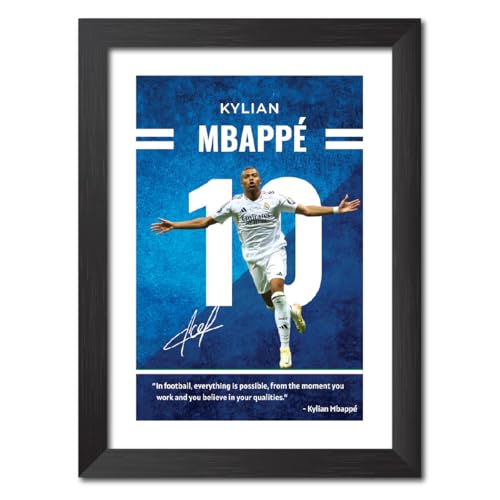 Image of TenorArts Kylian Mbappe Quotes Poster Frame Real Madrid Laminated Photo Framed Painting with Matt Finish Black Textures (12 inches x 9inches)