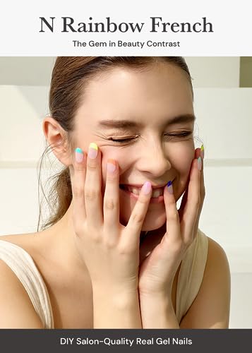 Image of ohora Semi Cured Gel Nail Strips (N Rainbow French) - Nude, French, Works with UV /LED Lamps, Salon-Quality, Long Lasting, Easy to Apply & Remove - Includes 2 Prep Pads, Nail File & Wooden Stick