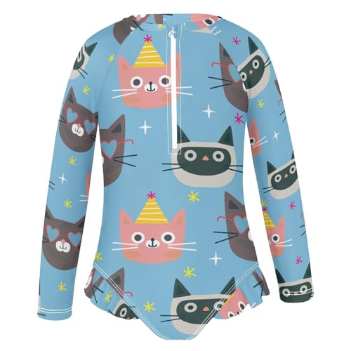 Cat in Hat Girls Swimsuit One Piece Rash Guard Girls' Swimwear Long Sleeve Swimsuits for Girl Size 3-12T
