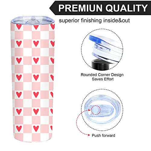 Athand Skinny Tumblers 20 Oz With Lid Retro Checkered Hearts Insulated Coffee Cup，Pink Cute Reusable Stainless Steel Travel Mug,Vacuum Double Wall,Water Bottle For Hot & Cold Drinks Tea For Women #TOP3