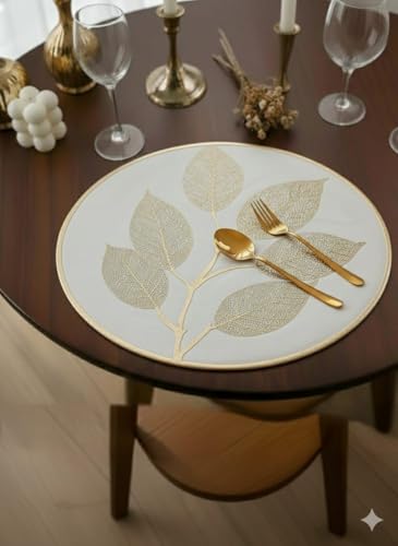Image of Dining Table Mat and Runner Set for Home Kitchen Reusable Placemat Combo Set for Everyday Dining Use and Table Setup (Petals Circular mat + Modern ractantgle Runner, Pack of 7 (6+1))