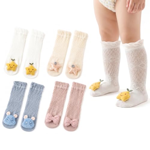 Image of SNOWIE SOFT Baby Girls Stocking Polyester Cotton Mesh Stocking Knee High Breathable Summer Stockings Cartoon Baby Stockings Gift for Baby Girls 0-3 Years Old