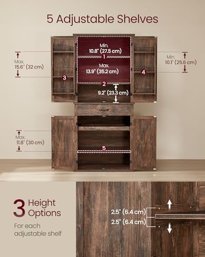 Image of VASAGLE Pantry Cabinet, Tall Storage Cabinet with Drawer, 70.3-Inch | Farmhouse kitchen cabinet with barn doors, tray, adjustable shelves, Hazelnut Brown, UBBK364K01