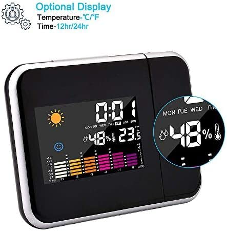 Projection Alarm Clock With Weather Station – Ceiling Projector Clock, Indoor/Outdoor Temp & Humidity, Forecast, Adjustable Brightness – Black