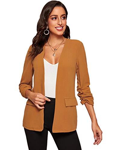 Milumia Women's Casual Open Front Ruched Sleeve Lightweight Work Office Blazer Jacket Camel Large