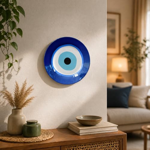 JIKRAA® Evil Eye Protection Good Luck Positivity Prosperity Ceramic Decorative Wall Plates with Stand | 2-in-1 Use : Beautiful Evil Eye Wall Hanging Decor and Stylish Tabletop Display | Evil Eye Wall Plates | Evil Eye Ceramic Decor Plates (10 Inch)