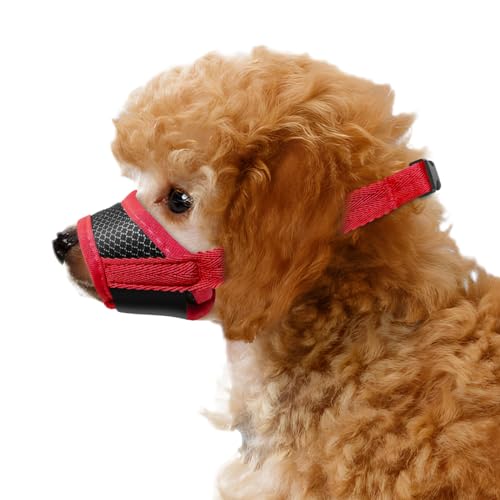 Soft Nylon Muzzle for Small Dogs, Adjustable Breathable Mesh Allows Panting Drinking - Red, XS