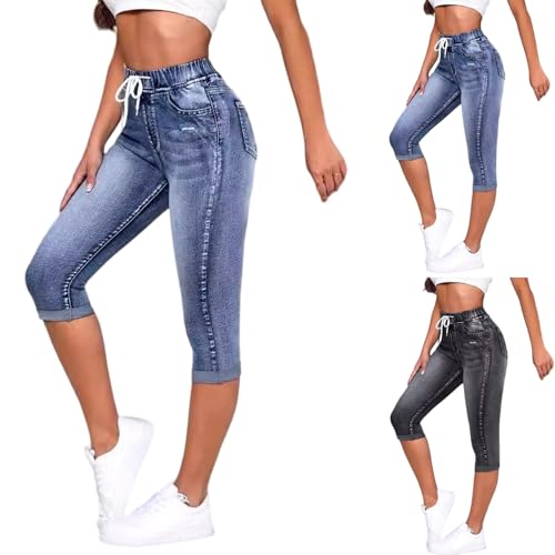 Jean Capris for Women Stretchy Drawstring High Waisted Cargo Jeans Trendy Slim Fit Denim Capri Pants with Pockets
