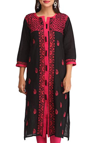 Image of Ada Women Hand Embroidered Lucknow Chikankari Cotton Regular Fit Kurti Kurta A228599 Black (Small)