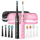 Elektrische Zahnbürste Doppelpack , 8 Aufsteckbürsten 2 Reisekoffer enthalten, 5 Putzprogamm mit 2 Minuten Timer, Wiederaufladbar IPX7 Wasserdicht Schall Electric Toothbrush,Schwarz & Rosa