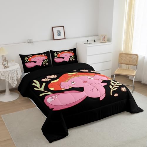 Image of Feelyou Axolotl Mushroom Fungus Comforter Set Queen Size Kids Boys Girls | Teens Flowers Cute Cartoon Kawaii Duvet Set Room Decor 3Pcs Warm Cozy Breathable Lightweight All Season