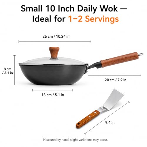 Image of WANGYUANJI 10 Inch Small Carbon Steel Wok Pan with Glass Lid, Lightweight Flat Bottom Stir Fry Pan, Nitrided No Chemical Coating Wok for Induction, Gas & Electric, 1-2 Servings
