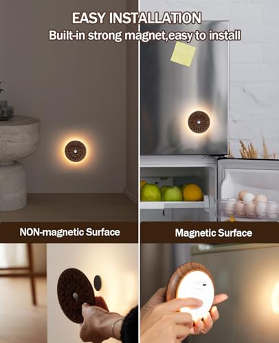 Image of Motion Sensor Night Light Wood USB Rechargeable Stick-On Step Lights Magnetic Small Wall Lights for Hallway Bedroom Living Room Stair, Carved Black Walnut