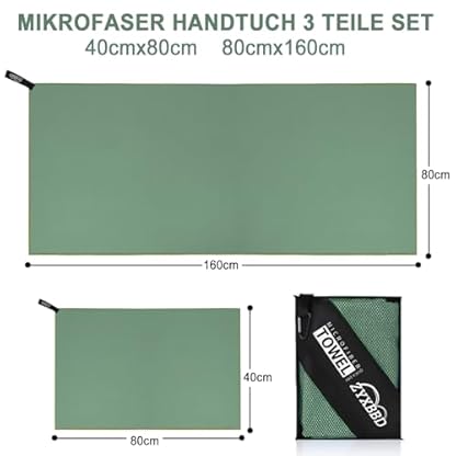 ZYXBBD Mikrofaser Handtuch 3er Set(160x80cm Groß Badetuch +2 Stück 80x40cm Klein Handtuch), Gestreiftes Strandtuch Reisehandtuch Schnelltrocknend Microfaser Handtücher für Fitness Strand,Reise Grün – Bild 7