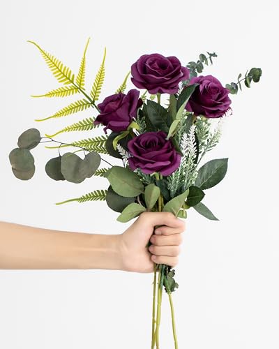 DuHouse 10pcs Fake Roses Artificial Silk Flowers Faux Rose Flower Long Stems Bouquet for Arrangement Wedding Centerpiece Party Home Kitchen Decor(Plum) image 4