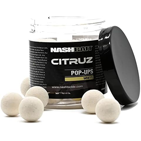 OUTDOORDINO Nash Citruz Pop Up Boilies in White and Pink - Pop Ups with 3 ml Citruz Booster for Carp Fishing - Buoyant Floating Carp Bait (15 mm, White) Cover