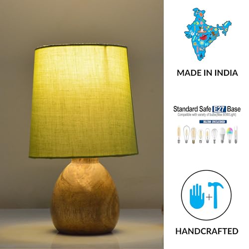 Image of Wooden Bedside Table Lamp with Fabric Shade, Warm Ambient Light, Handmade Mango Wood Base, Rustic Farmhouse Design, Cute Dowel Green, 15 x 15 x 25 cm
