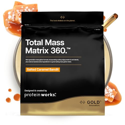 Protein Works | Total Mass Matrix 360 – GOLD Innovation, Tri-Protein-Mix, Mass Gainer, Proteinpulver mit Kreatin-Monohydrat, Glutamin & Vitamin‑Mineral-Mix, Salted Caramel, 5 Portionen, 1.32kg