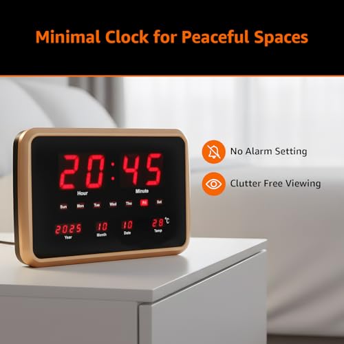 Image of Amazon Basics LED Digital Wall and Table Clock with Auto Brightness, Golden color, HIPS Material,USB Powered, 12 /24 Hour Format, Large Display for Living Room, Bedroom or Office (Size: 38 x 25 x 3.4 cm)