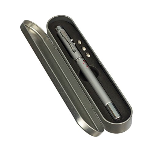 Fine Craft India Plastic Multifunction 5 in 1 LED Flashlight Torch Red Laser Pointer Ballpoint Pen with Case (Silver)