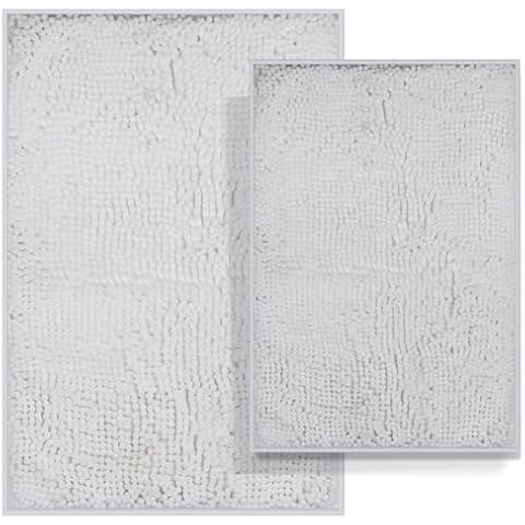 RUN HELIX Chenille Bathroom Rugs Non-Slip Bath Mat, Fluffy Shag Bath Rug, Washable Soft Shower Mat, Durable Thick Bathroom Sets, Water Absorbent Microfiber Shower Rugs, Bathroom Mats Set, White Cover