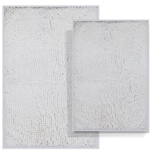 RUN HELIX Beige Bathroom Rug Mat, Extra Thick and Absorbent Bath Rugs, Non-Slip Bath Mat Set, Chenille Soft Plush Shaggy Rugs, Washable Bath Mats, Bath Rugs for Bathroom, Bedroom,24x16+20x32