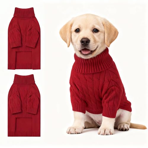 Image of Small Dog Thermal Pullover Sweater, Classic Turtleneck Cable Knitwear Dog Clothes for Cold Weather Warm Pet Clothes for Chihuahua, Bulldog, Dachshund, Pug Red X-Large