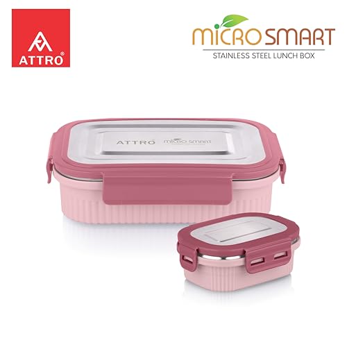 Image of ATTRO Micro Smart Stainless Steel Lunch Box with Inner Steel Body, Microwave Safe Without Lid, Airtight Leakproof with Small Container for Office, School Kids & Outdoor Use - 800ml+180ml-Peach