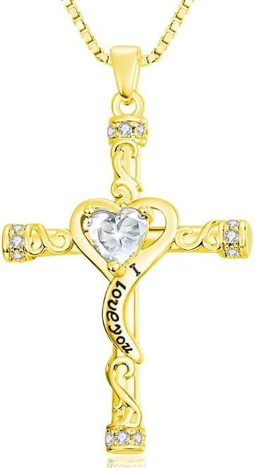 Birthstone Cross Necklace for Women, Heart Cross 14K Gold /18K White Gold /Rose Gold Womens Pendant Necklace I Love You Jewelry Anniversary Birthday Christmas Gifts for Her Mom Wife Girlfriend