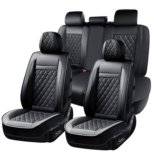 Image of Huidasource Seat Covers Full Set, 5 Layers Full-Cover Leather Seat Cover Hollow Design Airbag Pops, Front & Back Seat, Seat Covers for Most Cars, Vans, Trucks, SUVs Universal Fit (Full Set /Black)