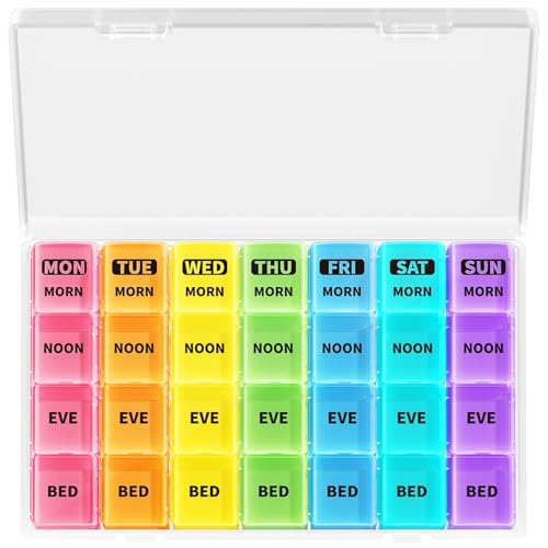 Opret Weekly Pill Organiser Pill Box 7 Day 4 Times a Day with case Portable Travel Tablet Organiser with 28 Compartments for Vitamin Fish Oil Supplements Medication