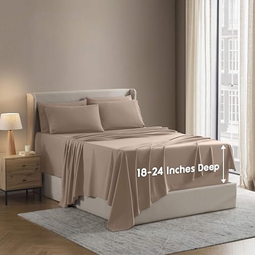 Image of Nestl Extra Deep Queen Sheet Set - 6 Piece Breathable & Cooling Sheets - Hotel Luxury Bedding Set w /18-24 Inch Deep Pockets - Easy & Secure Fit - Super Soft, Wrinkle Free & Comfy - Taupe Sand
