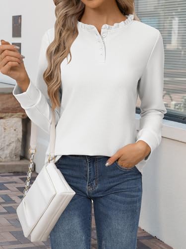 Women's Long Sleeve Henley Tops Casual Waffle Knit Shirts Button Up V Neck Tunic Top Fall Outfit 20252