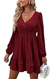 Picture of Rooscier Women's Wrap V Neck Swing Ruffle Swiss Dots Long Sleeve Mini Dress Light Wine Small